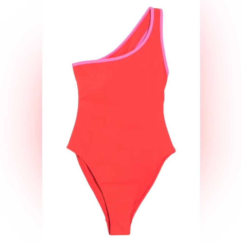 NEW Charlie Holiday Julia Piped One-shoulder One Piece Swimsuit Large Red Pink